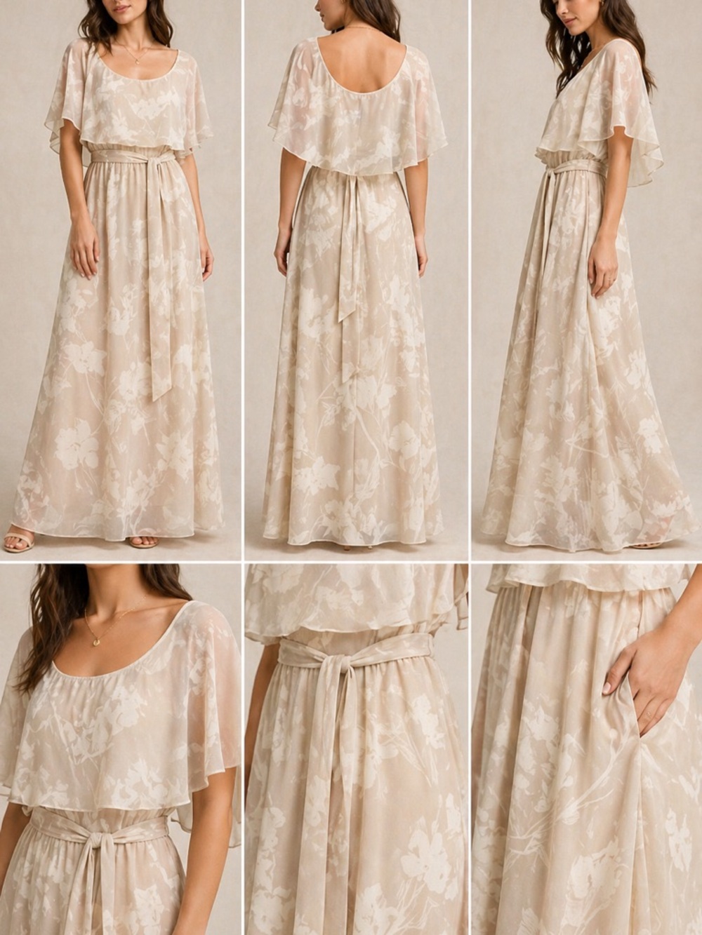 H by Halston Beige Floral Maxi Dress with Tie Waist